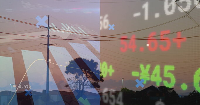 Showing wooden utility pole holding power lines during suburban dusk, with stock ticker overlay - Powered by Adobe