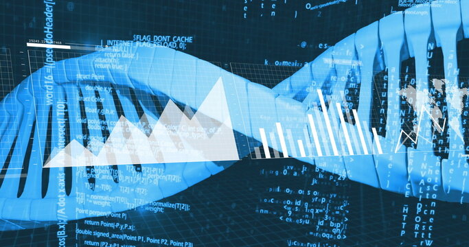 Fototapeta Displaying blue DNA double helix across floor grid with code and bar mountain and waveform charts