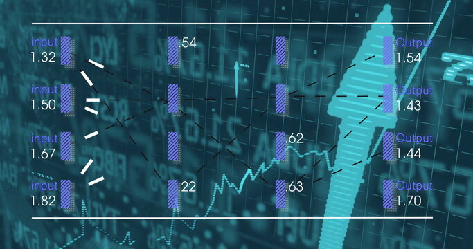 Streaming purple input bars through nodes on teal dashboard, using dashed lines and turquoise arrow - Powered by Adobe