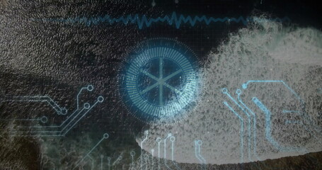 Obraz premium Circular HUD floating over coastal sea, showing breaking waves with circuit lines, waveform overlay