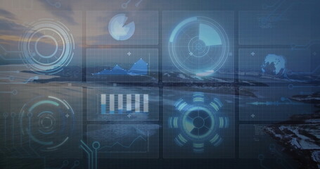 Displaying holographic overlay over dusk shore, showing radar, line, bar and pie charts, globe icon