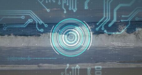 Obraz premium Overlaying circular HUD showing waveform on ocean wave, with turquoise circuit grid and code text