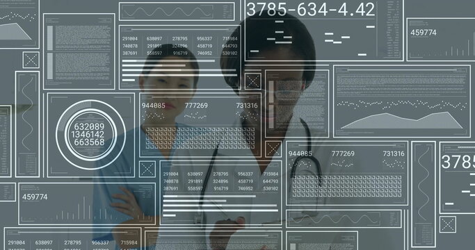 Two doctors examining holographic data panels in futuristic lab, with stethoscopes and charts