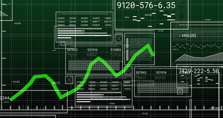 Displaying bright green zigzag arrow trending upward on dashboard, data panels and numeric codes
