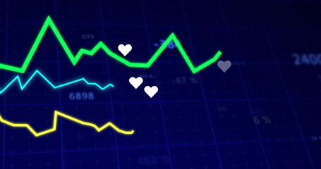 Displaying green line rising on dashboard, with white and gray heart icons and numeric labels