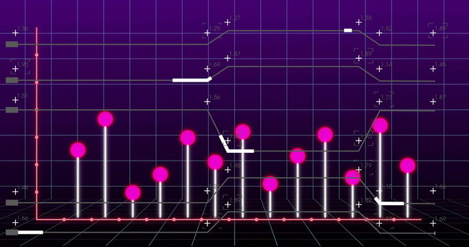 Displaying 3D white bars rising on purple gradient grid background, with glowing pink spheres