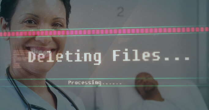 Smiling doctor wearing coat, stethoscope beside bed in hospital, digital glitch overlay, copy space - Powered by Adobe