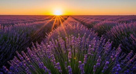 Sunset over a vast lavender field, with radiant sunbeams and vibrant purple flowers.