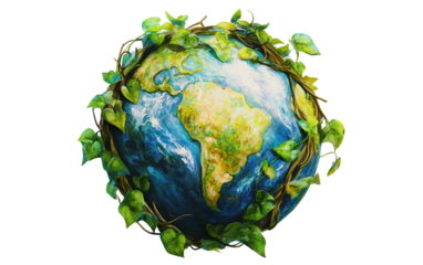 Watercolor style Earth wrapped with green vines symbolizing nature and environmental protection isolated on transparent background PNG