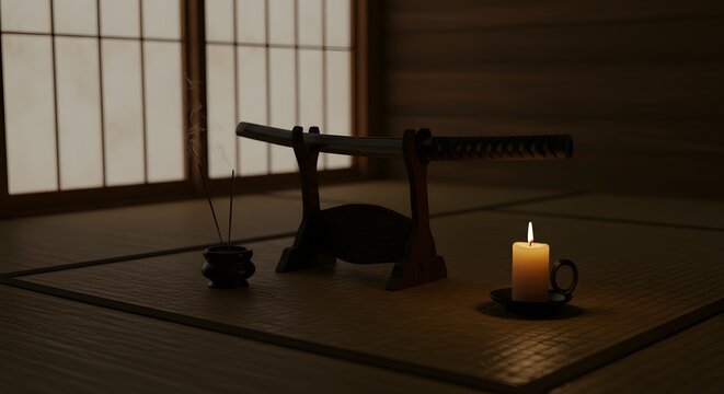 Serene Dojo Scene: A traditional Japanese dojo room embodies stillness, featuring a katana sword mounted on a stand, illuminated by candlelight