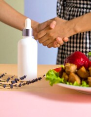 Successful deal for natural beauty product with food, modern partnership, professional collaboration, healthy lifestyle