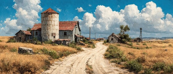 Abandoned farm with old buildings and blue sky