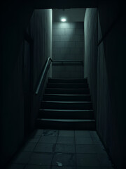 Fototapeta premium Moody gritty image of empty concrete stairs under a single faint light, full-frame camera 28mm lens emphasizing textures of damp walls and chipped paint in dark environment