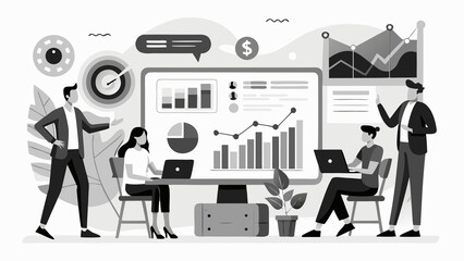 The grayscale art displays four professionals collaborating on data analysis and business