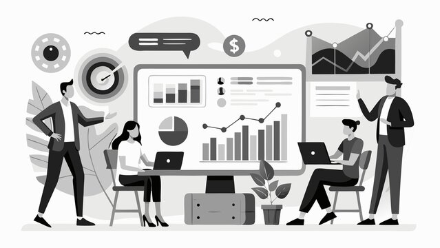 The grayscale art displays four professionals collaborating on data analysis and business
