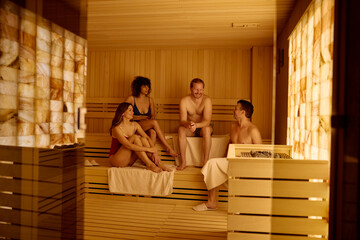 Friends are using the steam room at the hotel