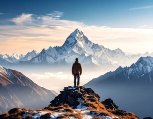 A lone figure stands atop a rocky peak, gazing towards a majestic snow-capped mountain range under a bright sky.