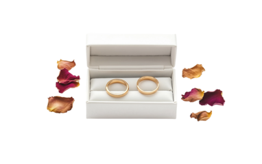 Elegant wedding ring box containing two gold bands and dried floral arrangement for romantic presentation isolated on transparent background PNG