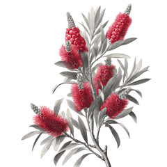 Detailed sketch of an ornamental bottlebrush tree with flowers transparent background