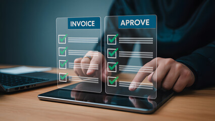 Electronic invoice approval process depicted on a digital device with a hand interaction.