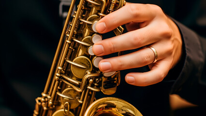Obraz premium Saxophone performance: close-up of musician's hand playing the instrument expertly