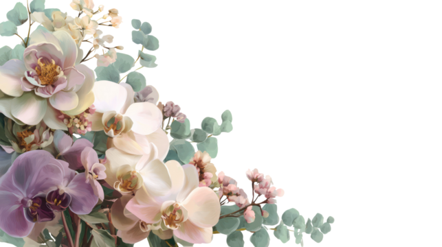 Elegant floral accent corner with faded pastel flowers transparent background
