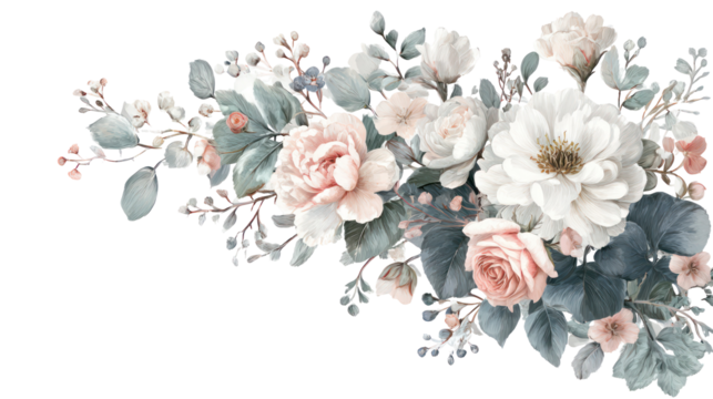 Elegant floral accent corner with faded pastel flowers transparent background
