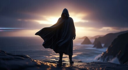 Hooded Figure in Dark Cloak Standing on Rocky Coastal Cliff at Sunset