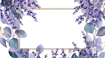 Elegant lavender and eucalyptus watercolor rectangle frame transparent background