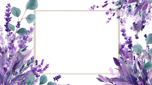 Elegant lavender and eucalyptus watercolor rectangle frame transparent background