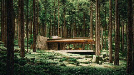 Modern structure nestled within a lush forest.