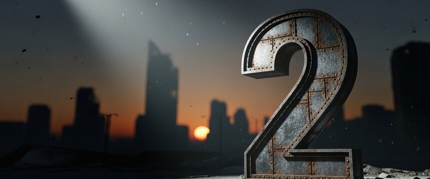 Metallic Number Two Against Urban Sunset Silhouette Backdrop