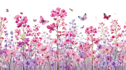 Floral seamless border with abstract delicate pink wildflowers transparent background