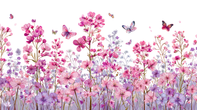 Floral seamless border with abstract delicate pink wildflowers transparent background