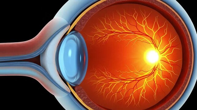 Detailed anatomical cross section of the human eye showcasing the retina optic nerve and other key components for medical illustration