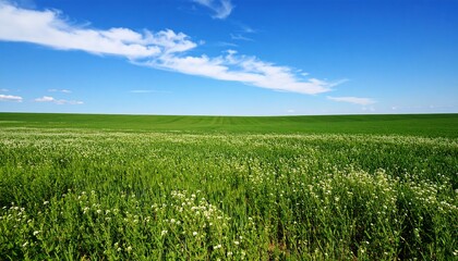 Vast green field under a clear blue sky