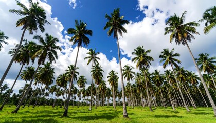 Obraz premium Coconut palm trees in a field under a vibrant sky