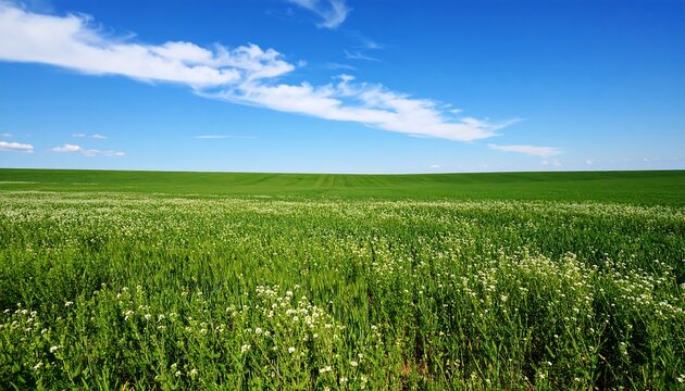 Vast green field under a clear blue sky