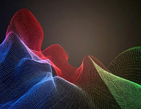 Abstract, colorful, waving mesh design on dark background
