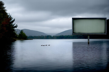 Billboard on Misty Lake with Mountains and Ducks Silhouetted. Mock up promotion information for marketing announcements and details, blank white space.
