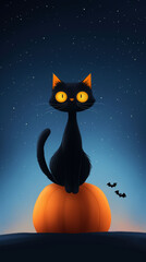 Fototapeta premium Black Cat With Glowing Yellow Eyes Sits on a Pumpkin Under a Starry Night Sky With Bats for a Minimalistic Halloween Design