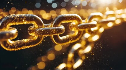 Close-up gleaming golden chain links interconnected strong digital network connections robust security for blockchain cryptocurrency secure data transfer technology trust reliability concept - Powered by Adobe