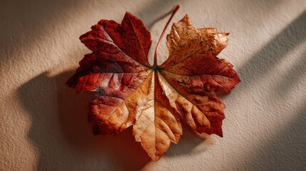 Floating heart-shaped autumn leaf captures the essence of cozy fall days against a warm neutral background