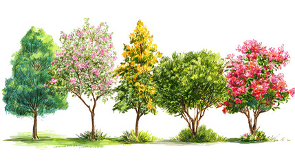 Obraz premium Group of 5 flowering roadside trees with diverse blossoms transparent background
