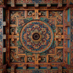 Fototapeta premium Hand-carved wooden ceiling panels in a Tibetan monastery.