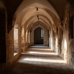 Fototapeta premium Interior arch framing of an old monastery hallway.
