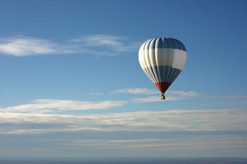 Fototapeta premium Striped Hot Air Balloon Floating in Open Blue Sky Above Horizon. Mock up promotion information for marketing announcements and details, blank white space.