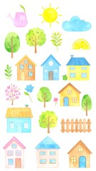 Fototapeta premium Colorful watercolor illustrations of houses and nature elements