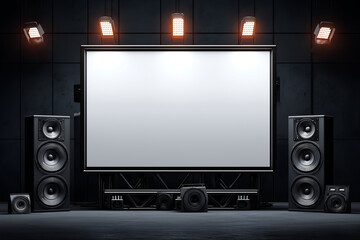 Fototapeta premium Blank White Projection Screen with Audio Speakers and Orange Lights. Mock up promotion information for marketing announcements and details, blank white space.