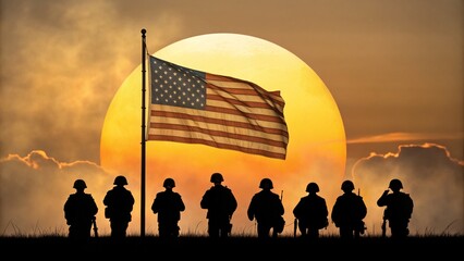 Silhouette of us soldiers kneeling in front of the american flag and a large sunset